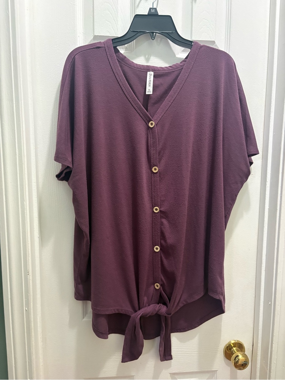 Zenana Outfitters Plum Button-Front Tie Hem Top